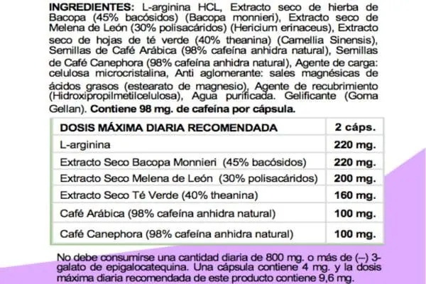 Ingredientes del suplemento fisiológico mentalerta flash