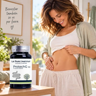 Vuelve a sentirte cómoda con tu vientre. El suplemento fisiológico ProtechG cuida de tu flora para que tu ropa te sienta increíble.